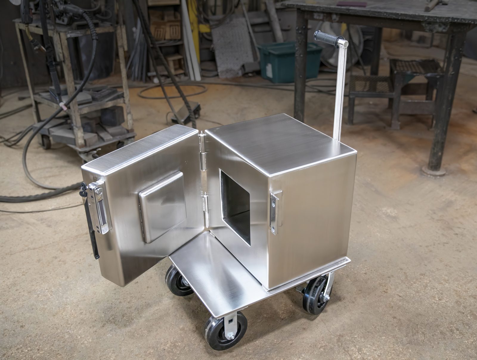 Stainless steel mobile cabinet, fabricated by Dan's Welding & Fabricating in Burlington